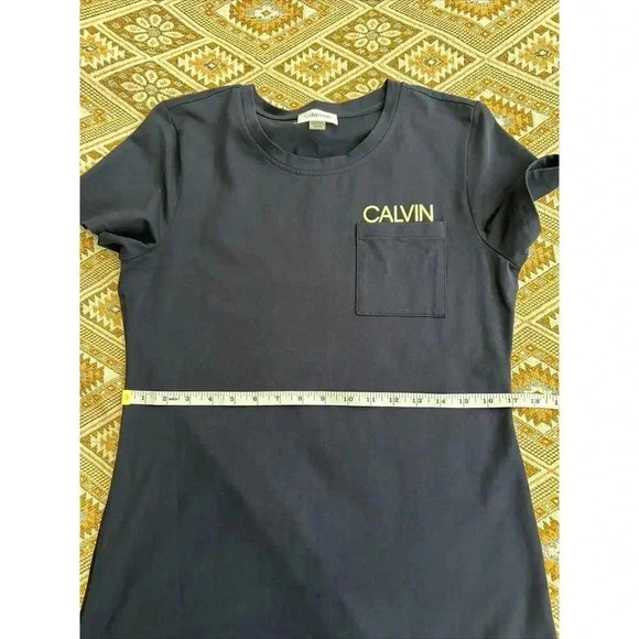 Calvin Klein Navy Blue Tshirt Dress Pocket Metallic Logo Cotton Knee Length Sz M - Picture 6 of 7